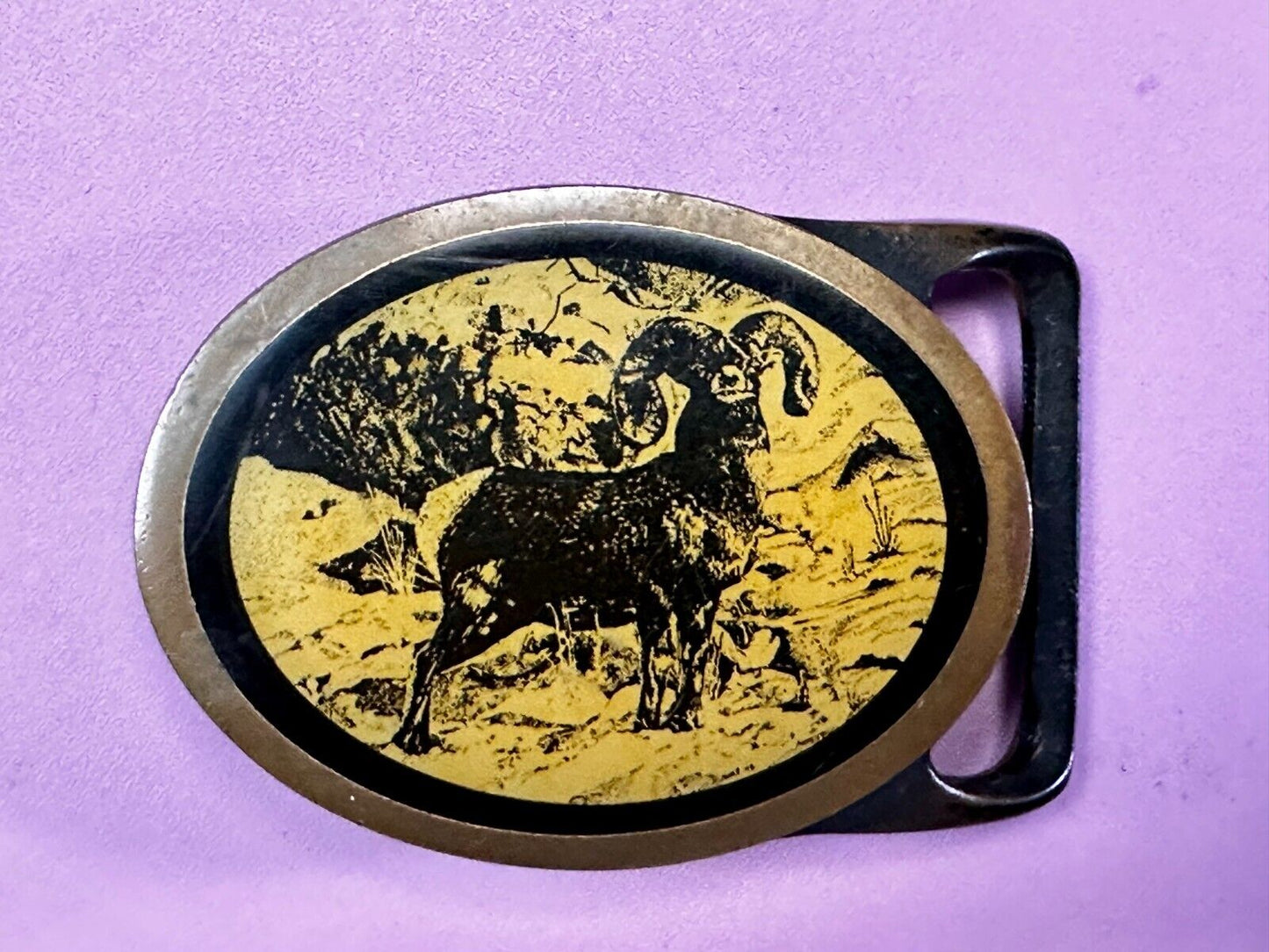 Bighorn Ram Mountain Goat Wildlife Scene Vintage Tech Ether Guild Belt Buckle