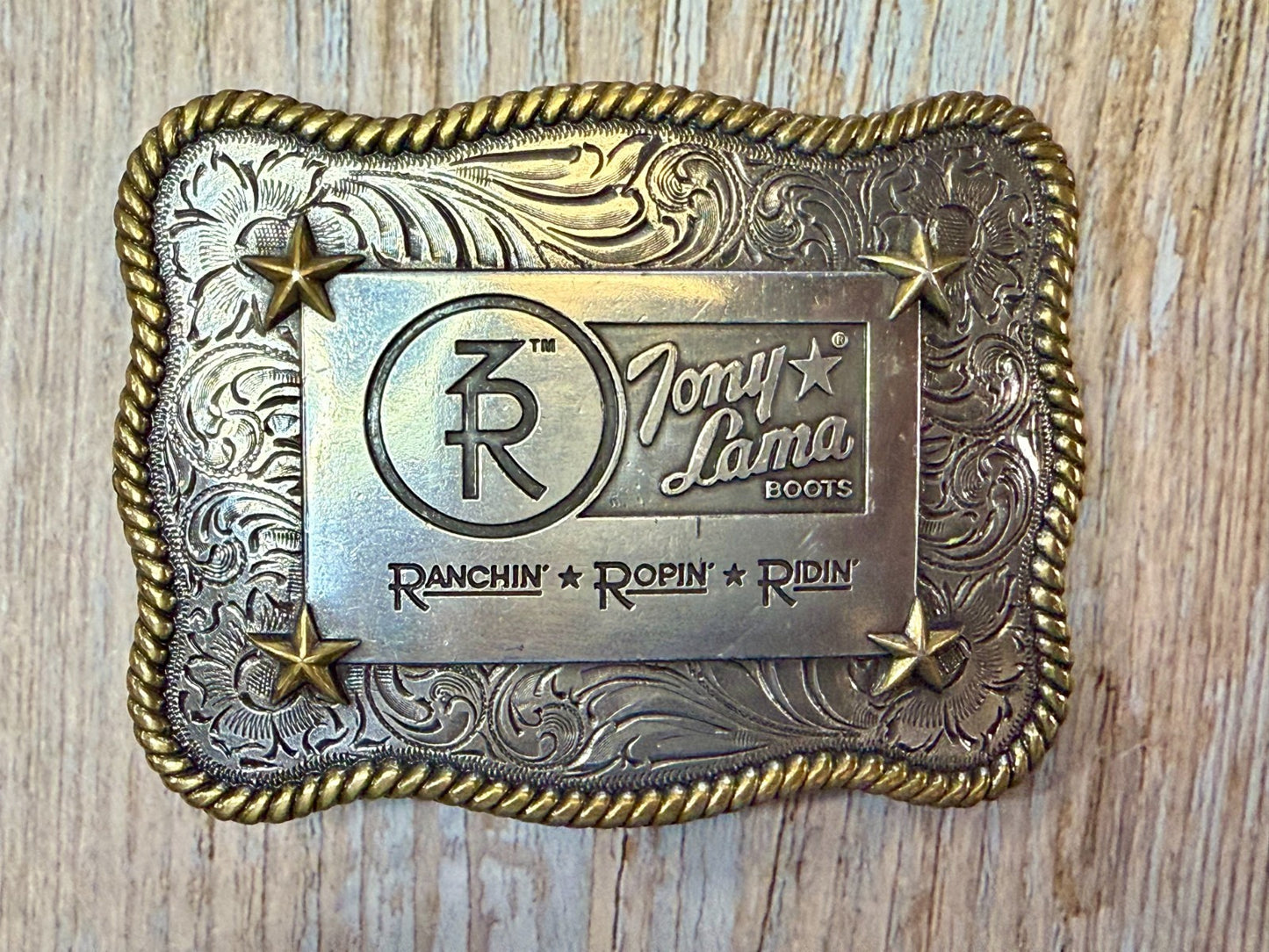 3R Ranch Ropin Ridin Gold Silver Tone Promotional Western Tony Lama Belt Buckle