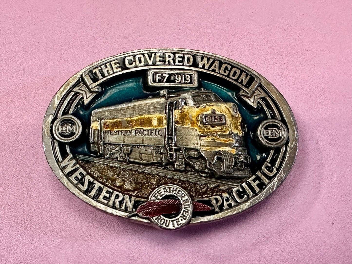 The Covered Wagon Western Pacific Train RR F7 913 EMD VTG 1986 Belt Buckle by CJ