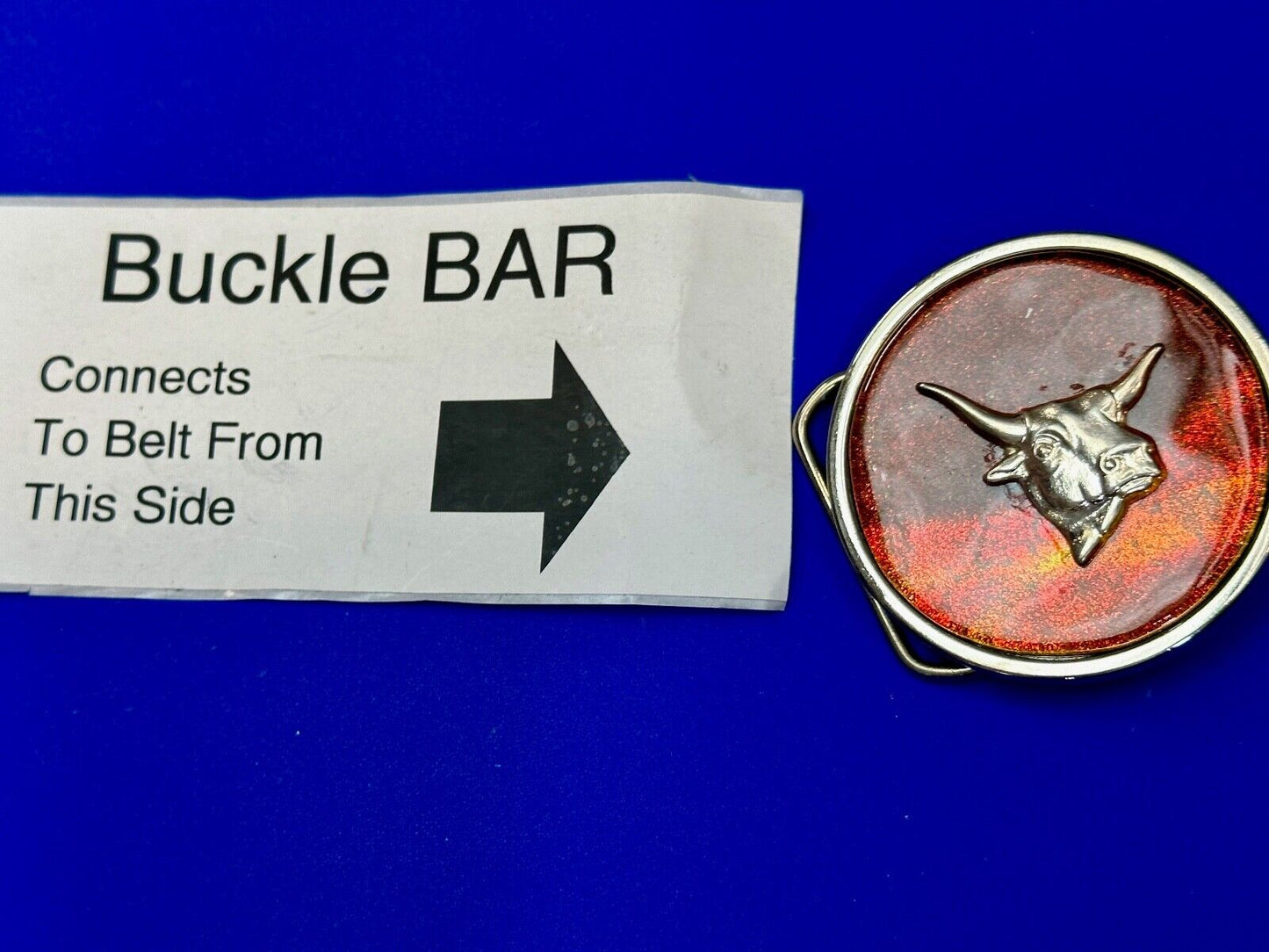 Texas Longhorn - Silver tone dimensional Steer on round retro red Belt Buckle