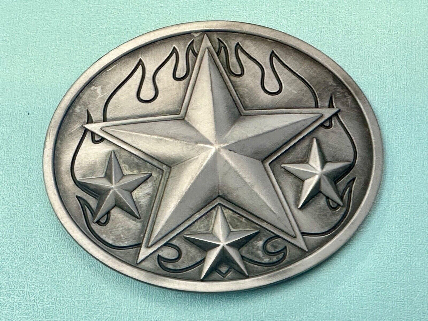 3d Nautical Celtic STAR in flames silver tone oval 4" wide belt buckle