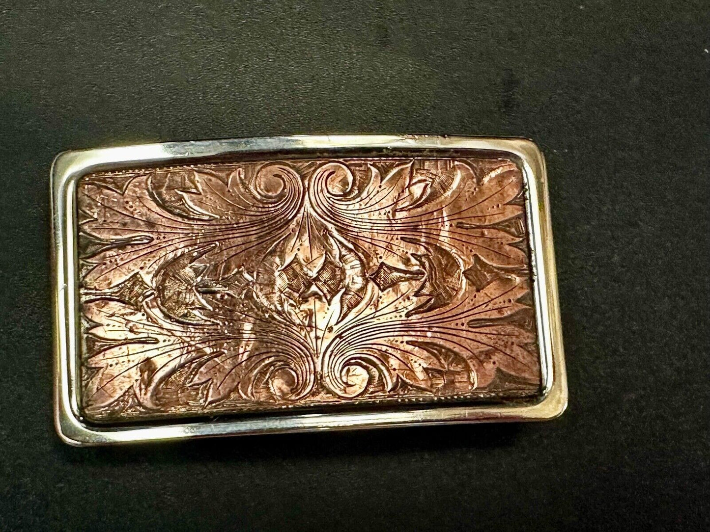 Vintage etched brown leaf pattern two tone Belt Buckle