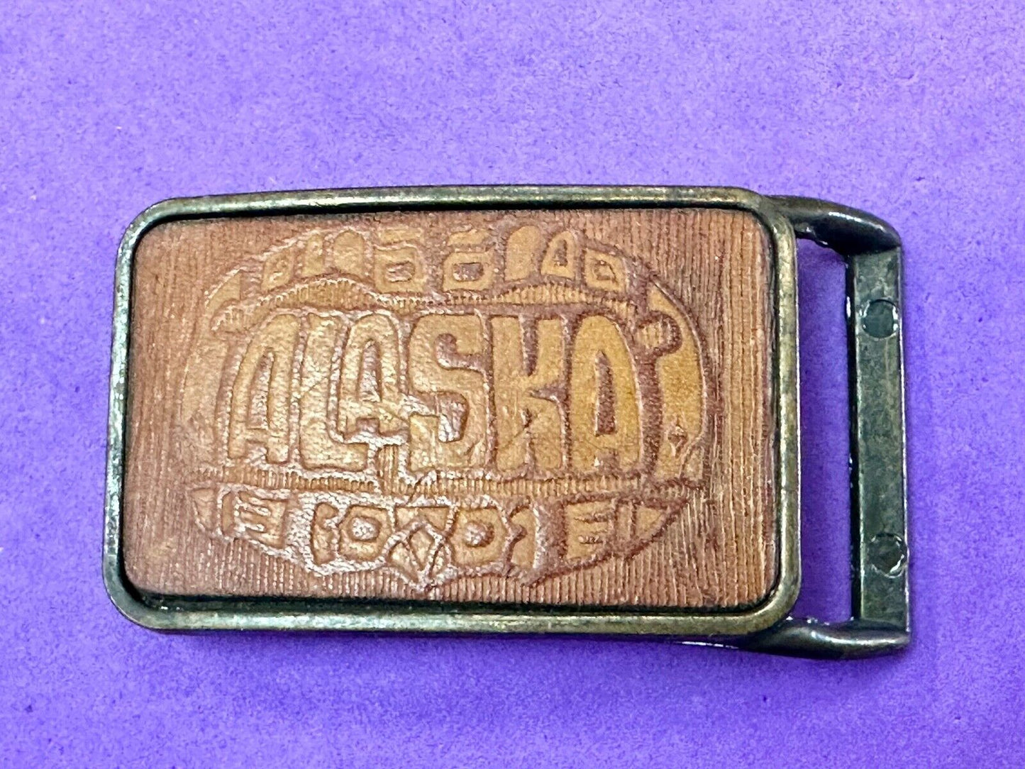 vintage Alaska Rodeo Faux? leather and brass western cowboy belt buckle