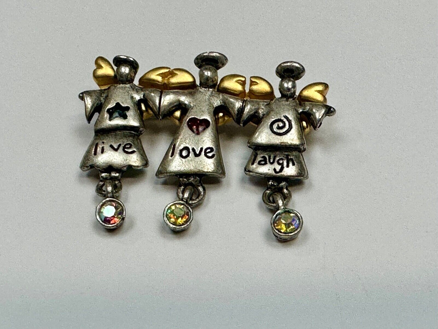 Three Angles - Live Love Laugh , Vintage Christmas Holliday Brooch by AJMC