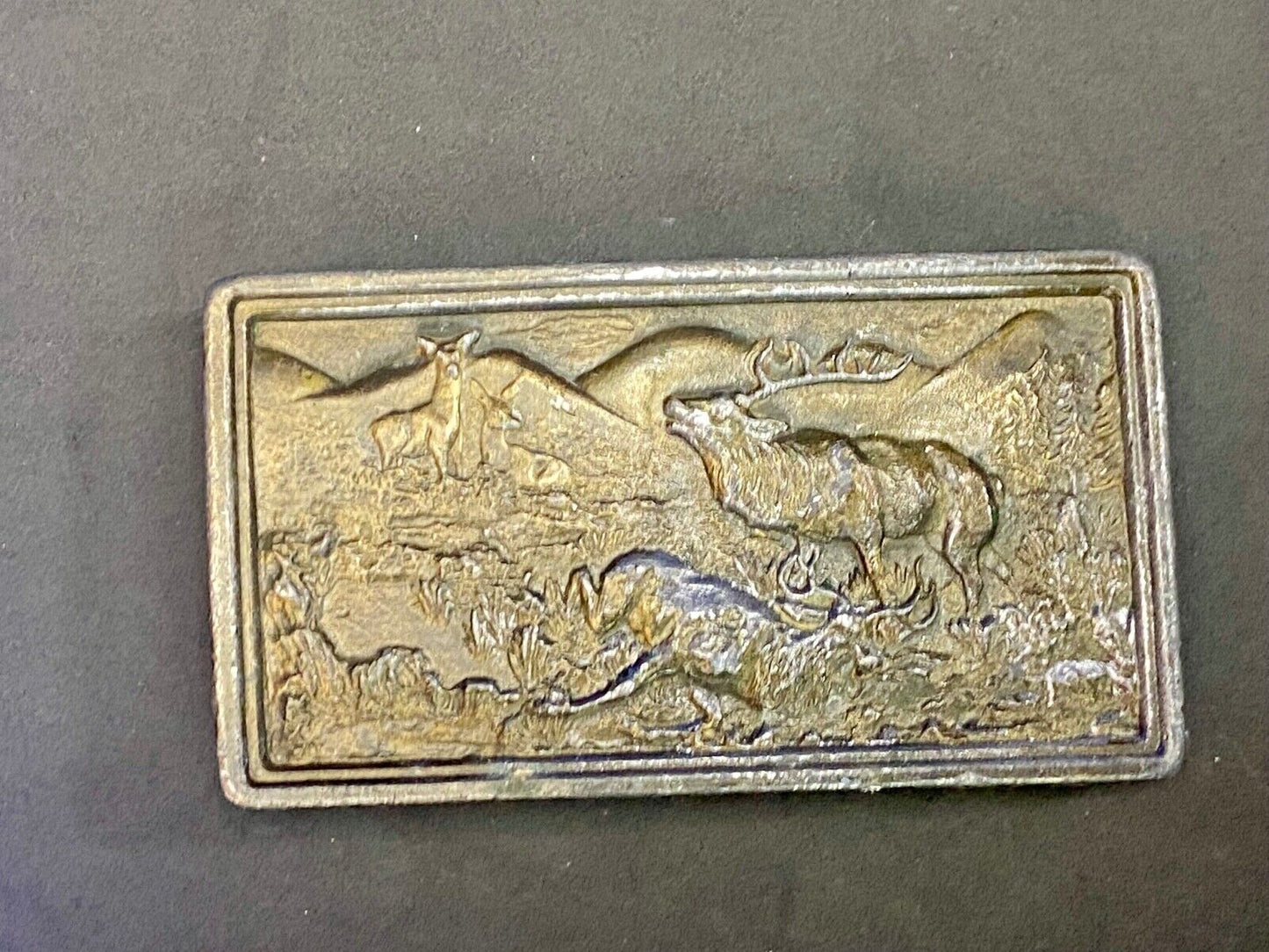 Vintage 1977 Elk Deer Hunting In Nature Belt Buckle By Bergamot Brass Works