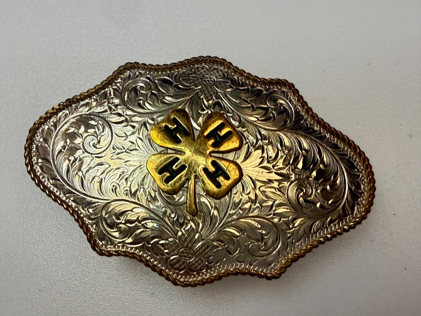 4H Leaf Swirl Ornate German Silver Montana Silversmiths Belt Buckle