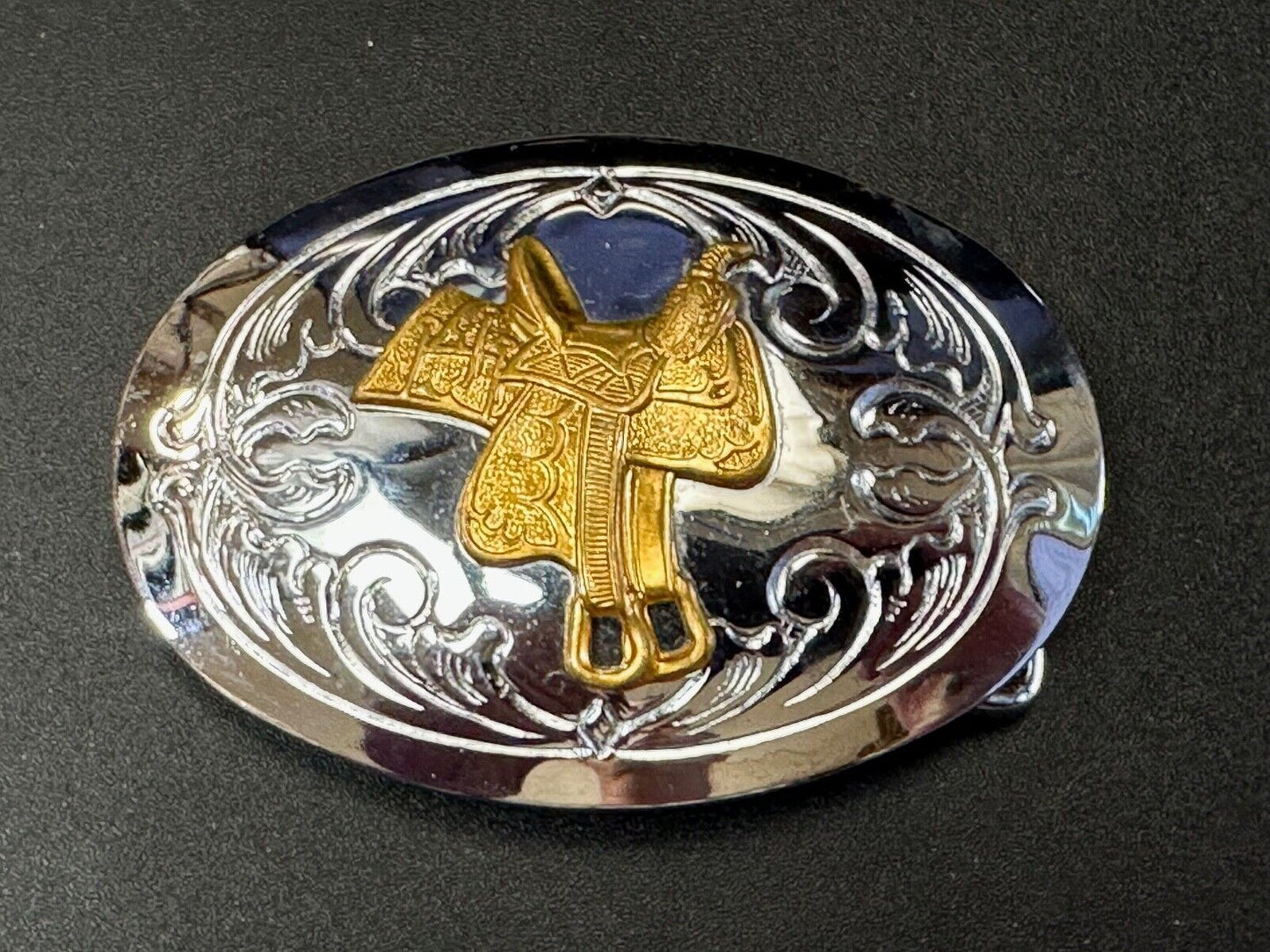 vintage Chambers Horse Saddle - Cowboys Cowgirls two tone belt buckle