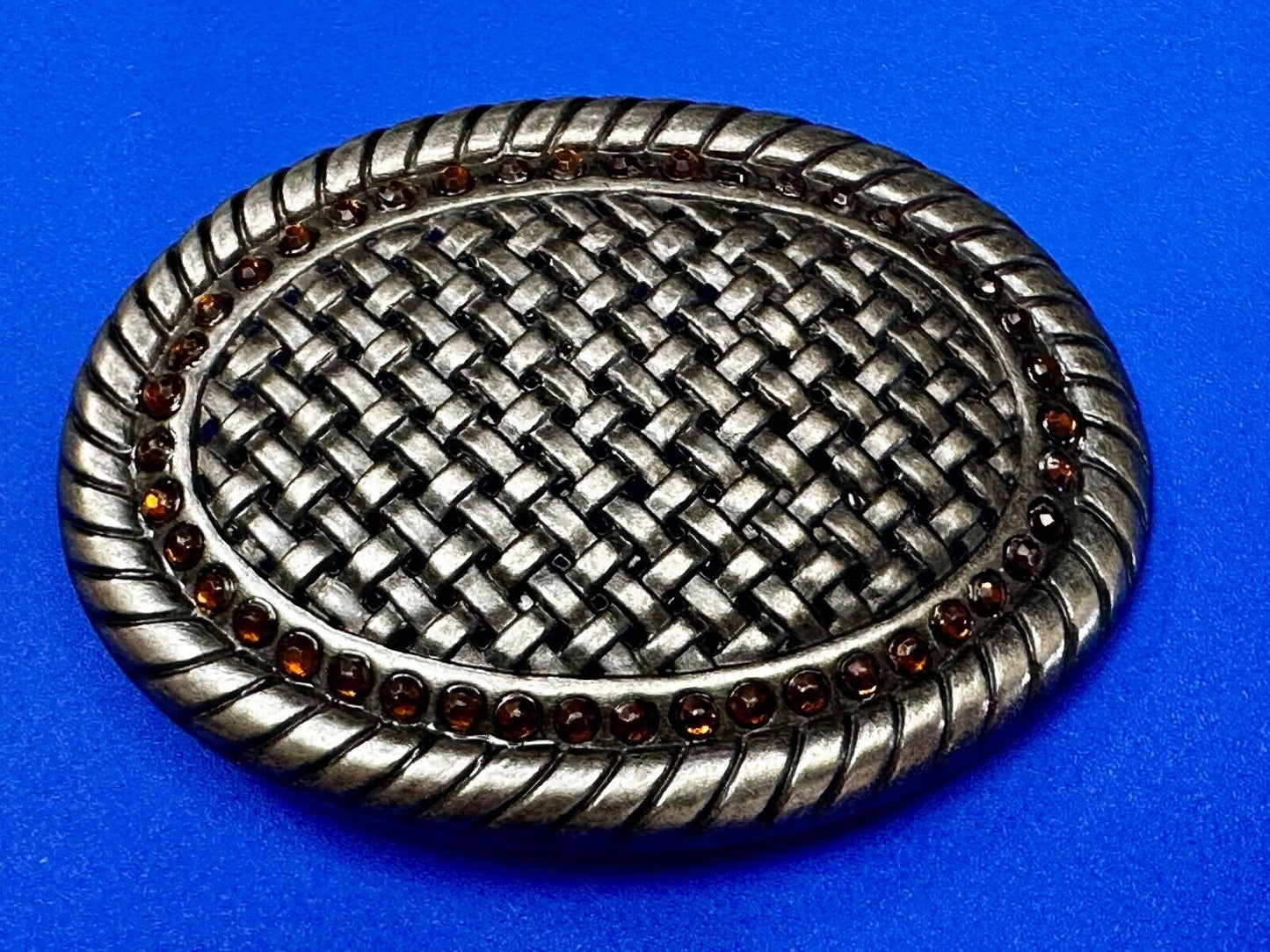 Basket Weave Design Rhinestone Border Vintage Metal Oval Belt Buckle