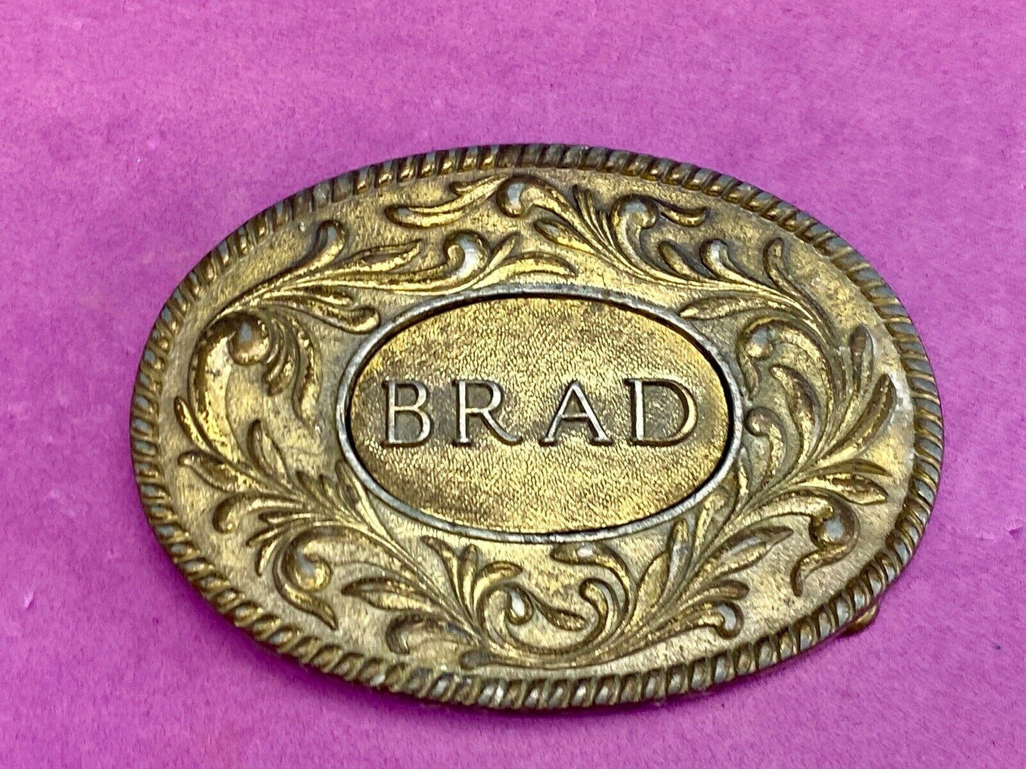 Vintage 70's The KINNEY Co BRAD Name western flower swirl Belt Buckle