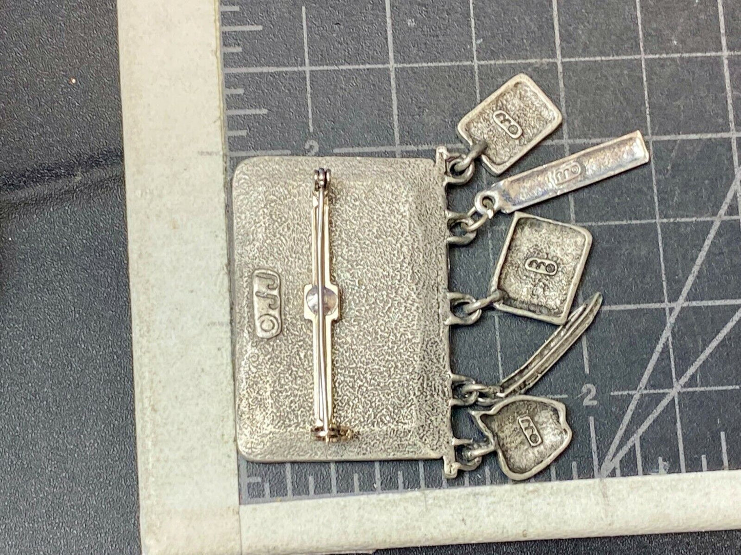VINTAGE *J.J.*PEWTER MATH TEACHER CHALKBOARD BROOCH PIN W/THEMED FIGURAL DANGLES