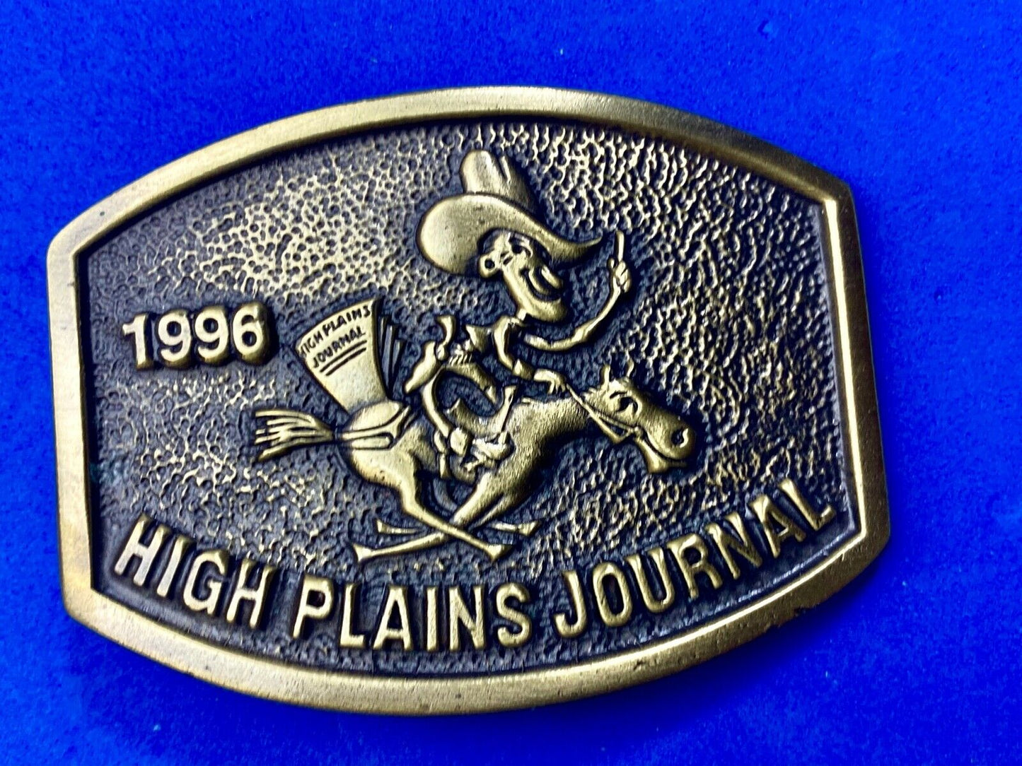 Vintage 1996 High Plains Journal Belt Buckle Cowboy Horse Newspaper