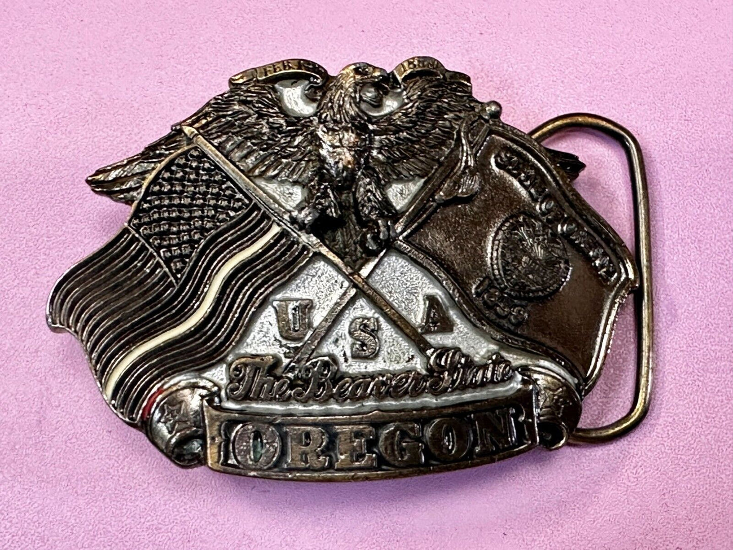 The Beaver State OREGON American Flag Eagle Seal 1987 Commemorative Belt Buckle
