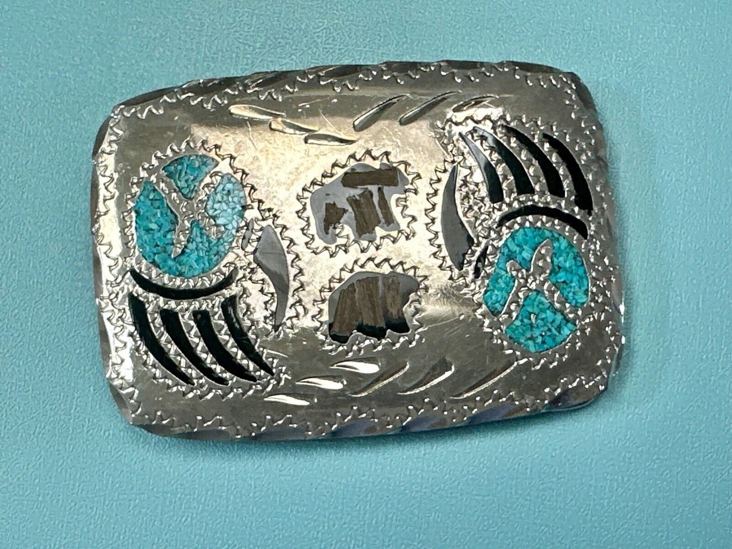 Bear - Paw Figure vintage inlaid turquoise chip & black Enamel belt buckle