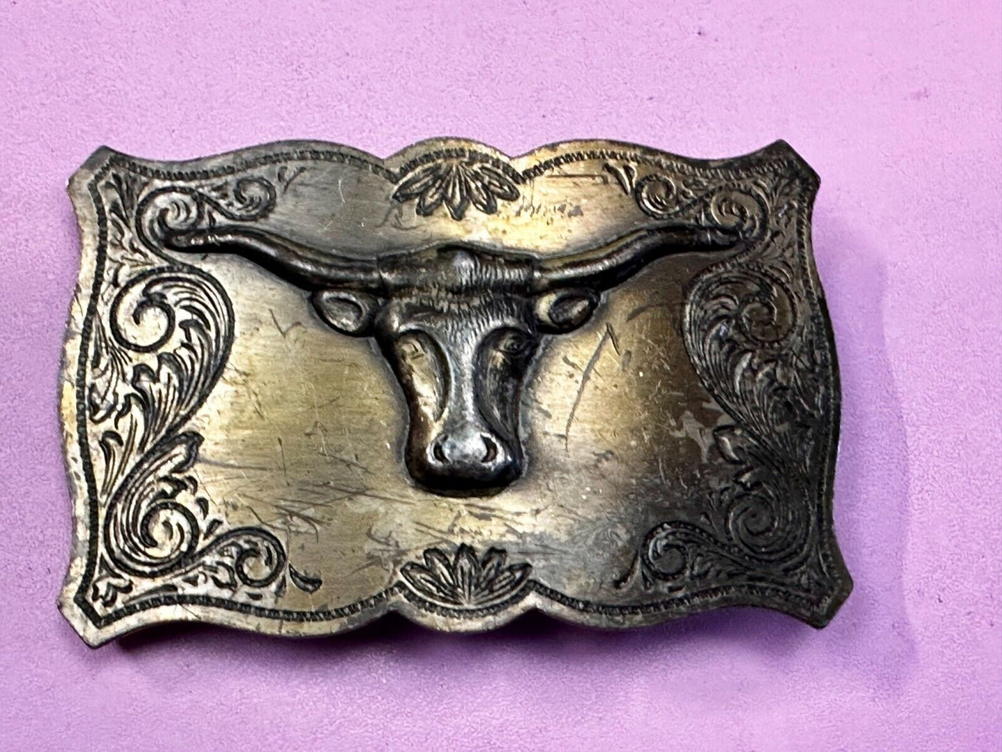 Texas Longhorn Steer Bull Cow Ornate Raised Dimensional Stamped Belt Buckle