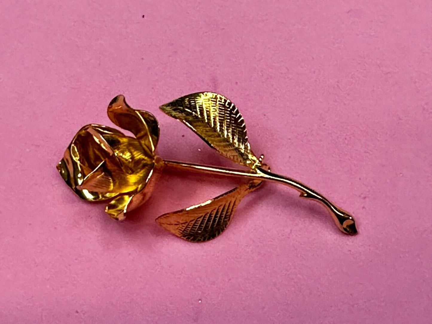 Beautiful Long Stem Rose Flower Gold Tone Vintage Brooch Pin Signed by Cerrito