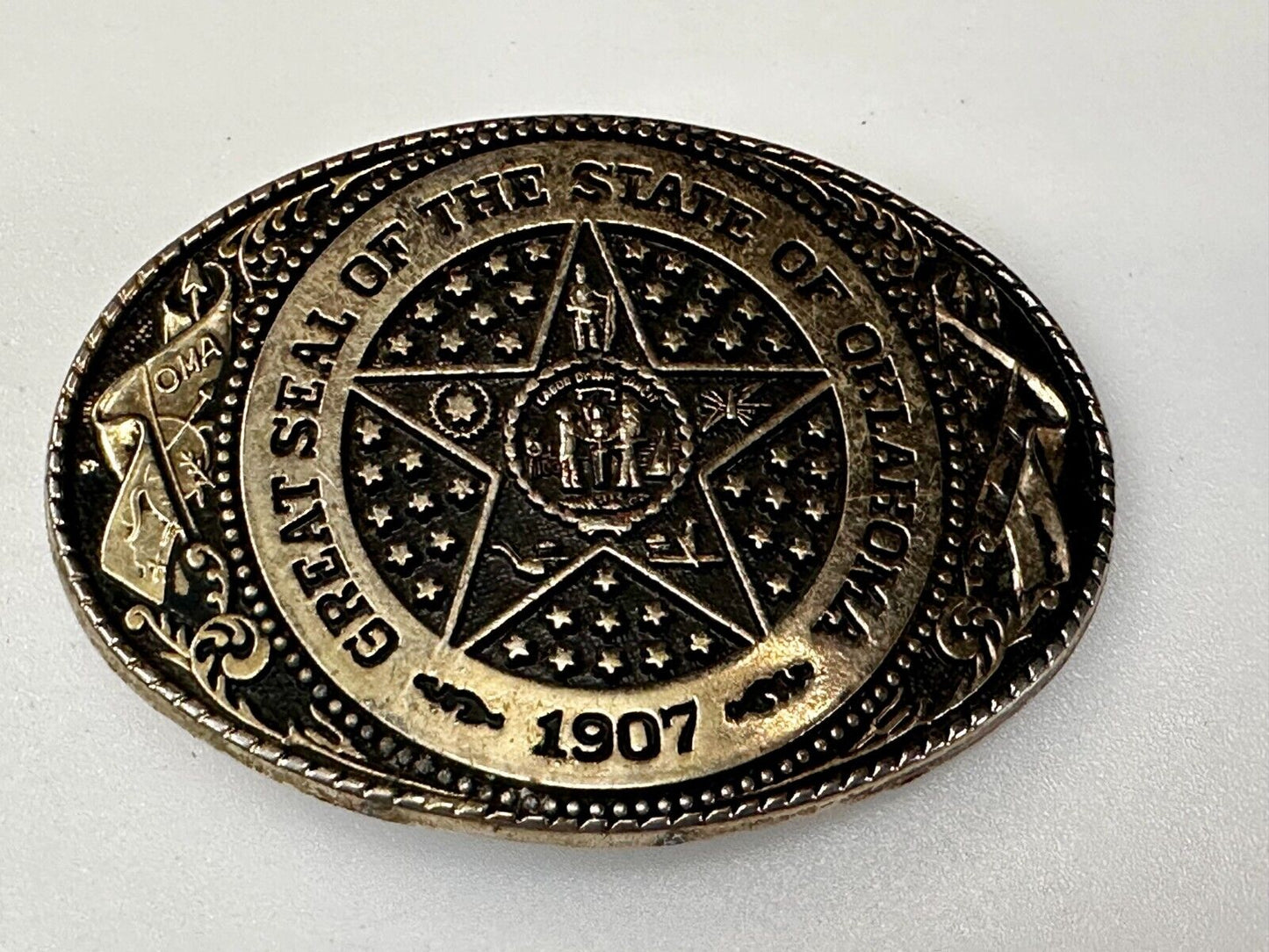 The Great Seal of Oklahoma 1907 Commemorative Vintage Belt Buckle