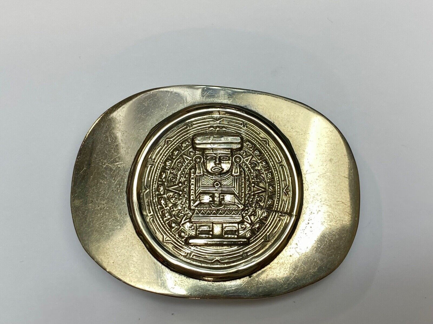 Aztec Calendar Person Figure silver tone? Belt Buckle Mayan Indian