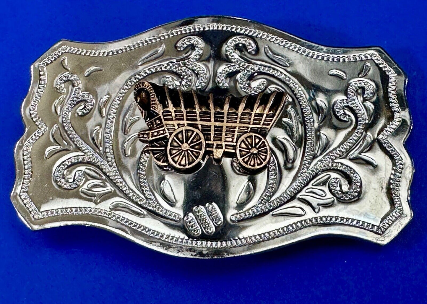 Vintage Covered Wagon - western two tone outlined ornate belt buckle