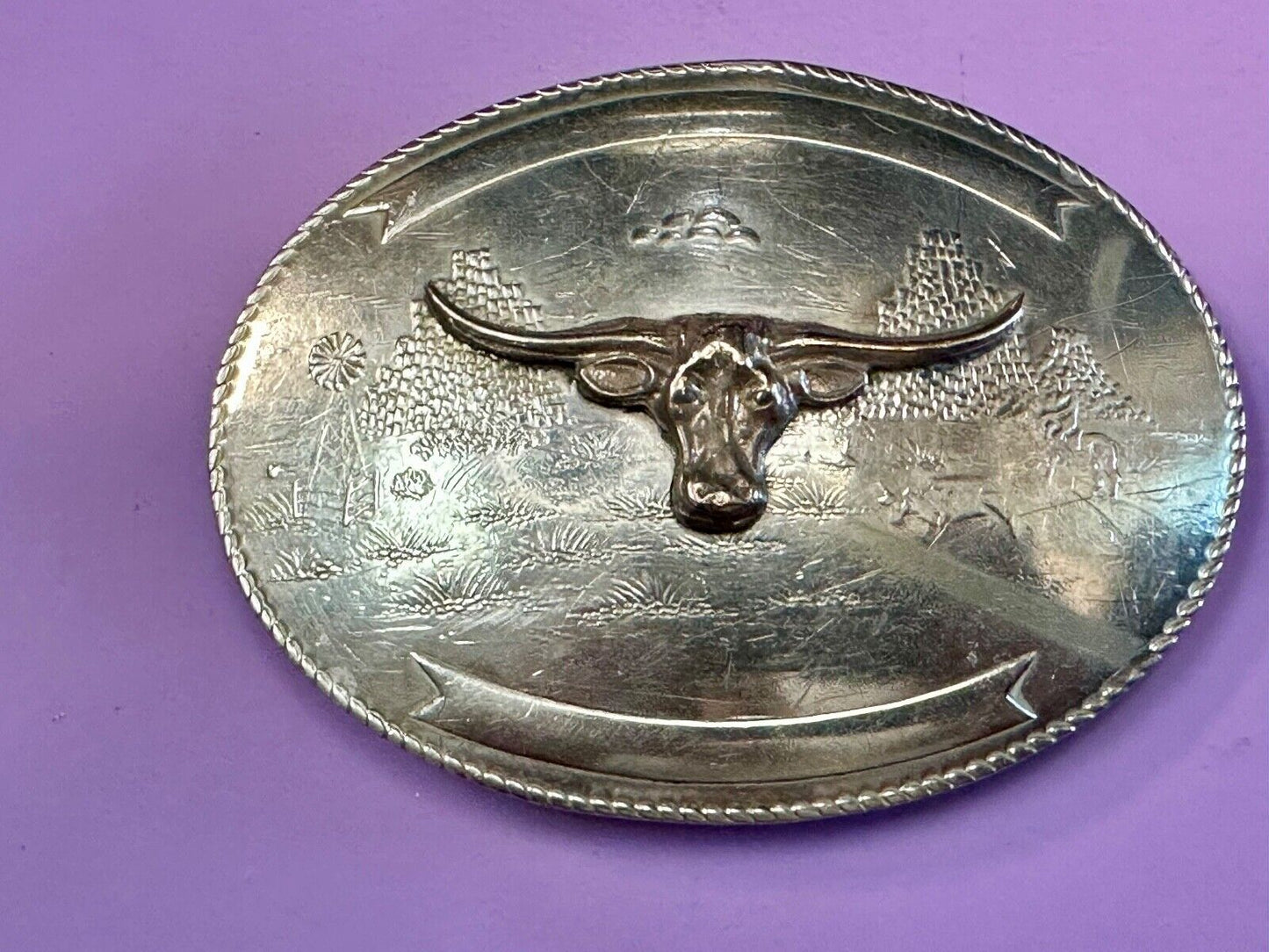 Texas longhorn - Vintage Artisan? two tone engraved award ribbon Belt Buckle