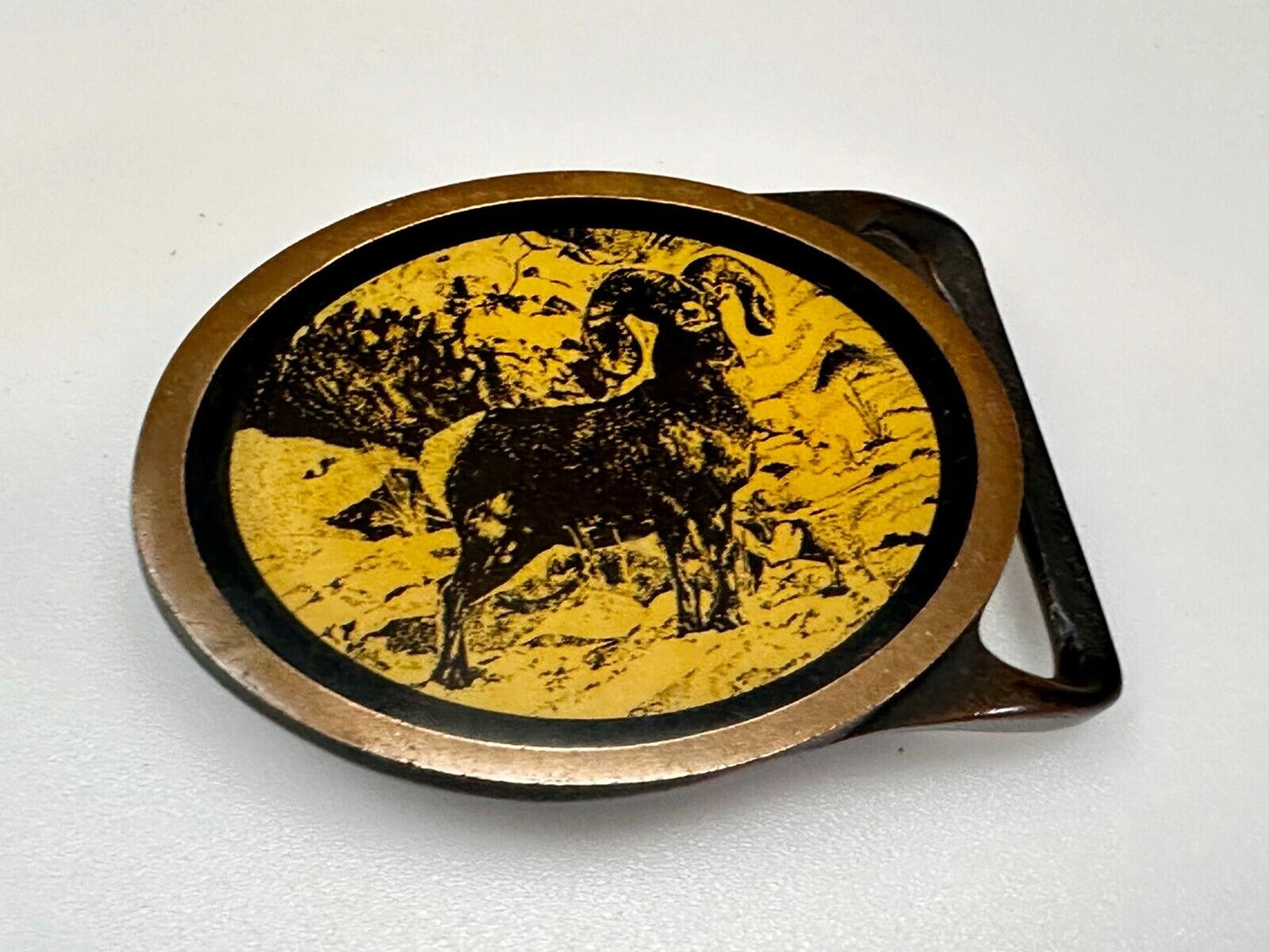 Bighorn Ram Mountain Goat Wildlife Scene Vintage Tech Ether Guild Belt Buckle