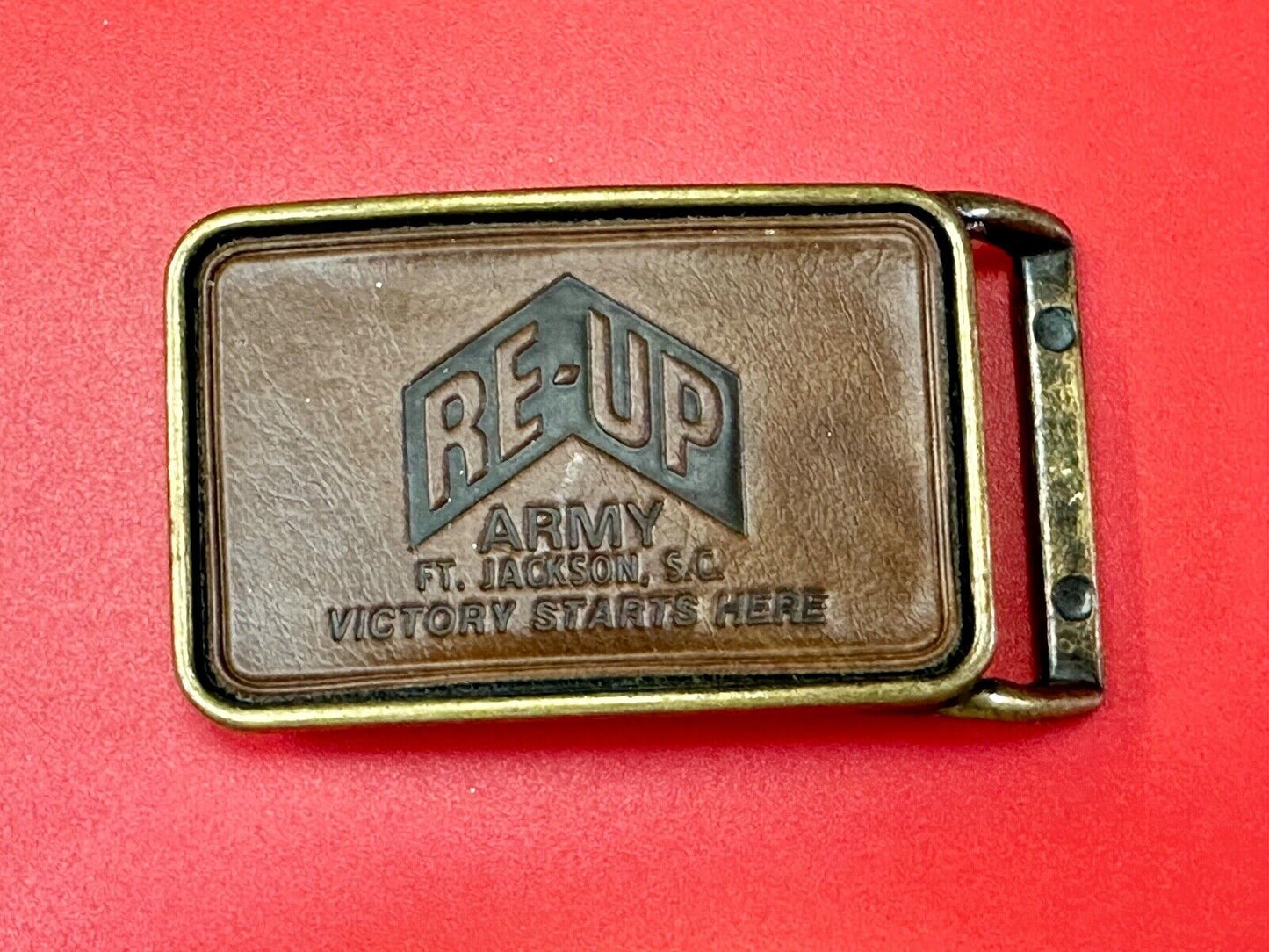 Army Re-up Ft Jackson SC Victory starts here leather & brass tone belt buckle