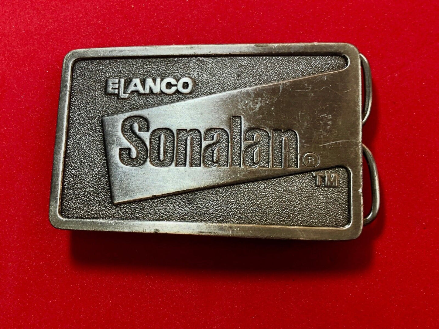 1980s **ELANCO SONALAN** farming HERBICIDE BELT BUCKLE customer thank you