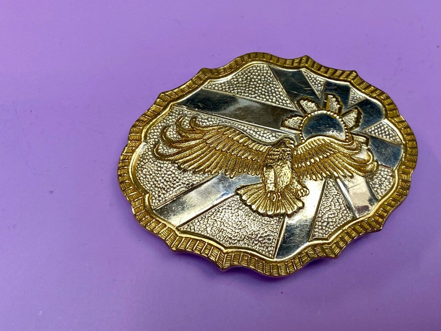 Vintage Crumrine Two tone Hunting American Bald Eagle in Flight belt buckle