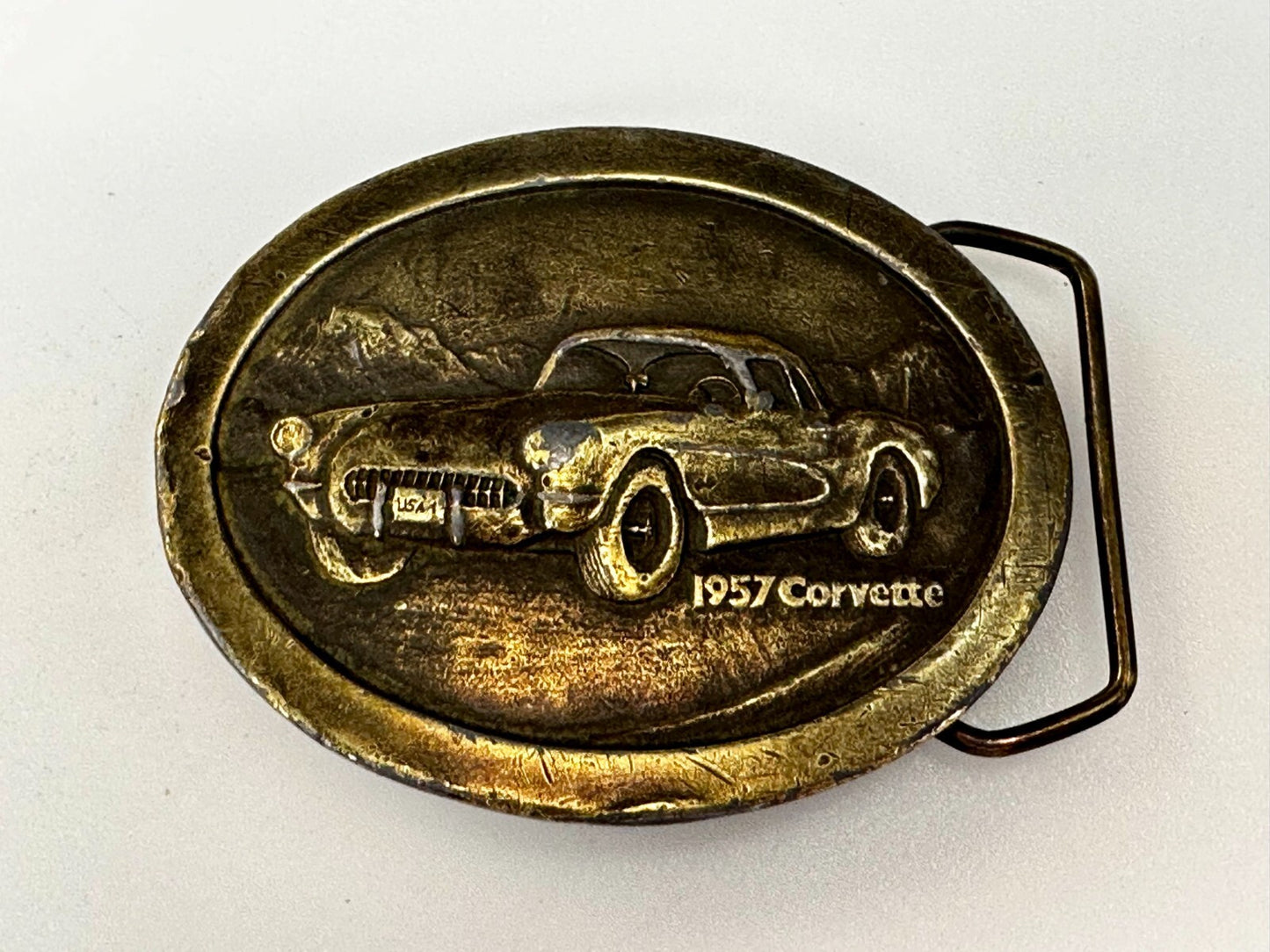 1957 Corvette Chevy Car Collector Brass Tone Indiana Metal Craft Belt Buckle