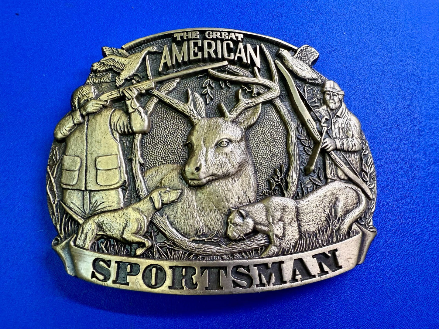 American Sportsman Bird Deer Riffle Bow Hunting Dog Solid Brass ADM Belt Buckle