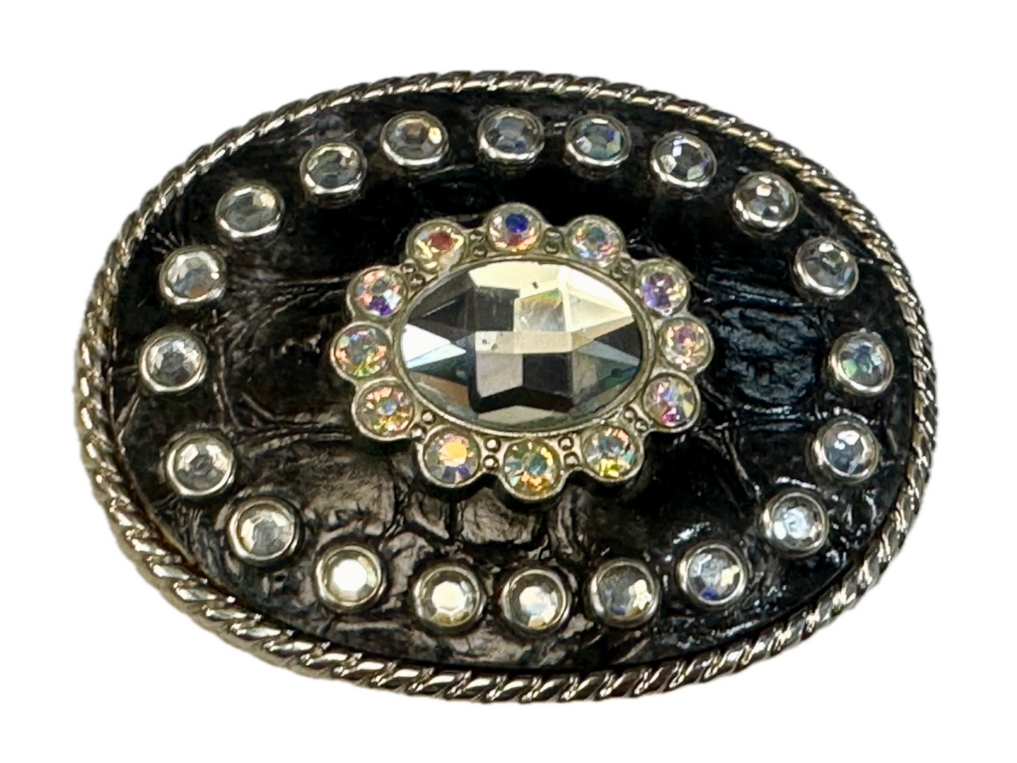 Beautiful Clear Rhinestone Bling Leather on Metal Vintage Belt Buckle