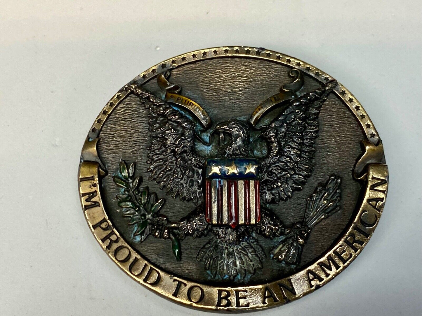 Vintage 1981 Im proud to be an American belt buckle by Bergamot Eagle and Crest