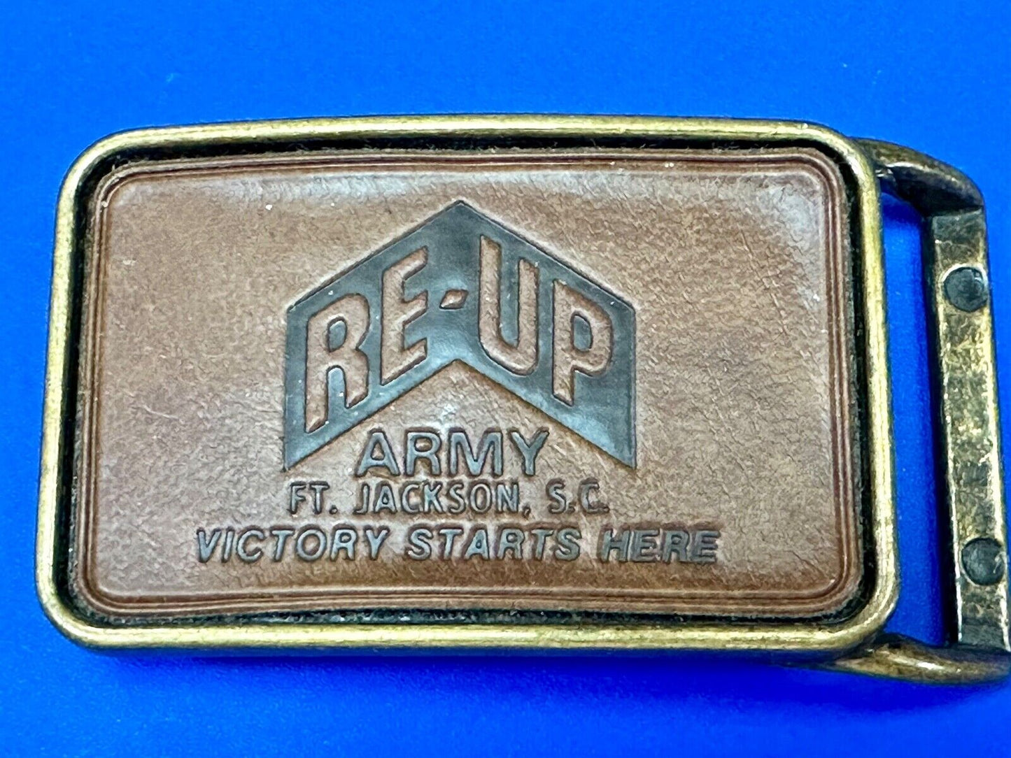 Army Re-up Ft Jackson SC Victory starts here leather & brass tone belt buckle
