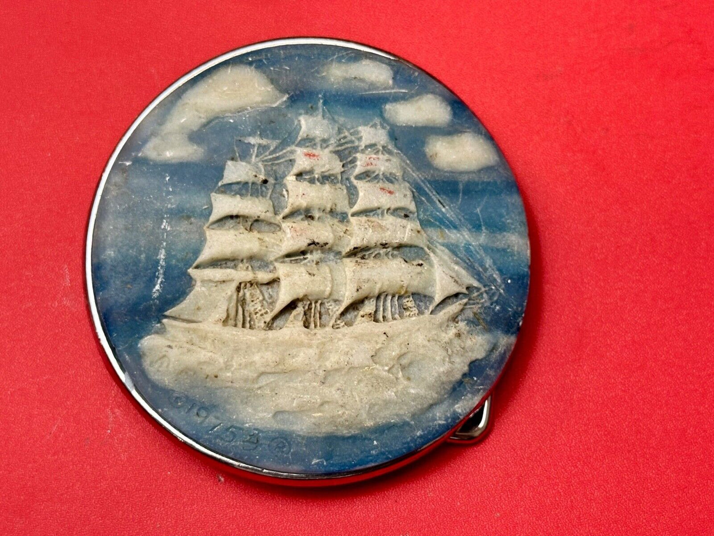3-Masted Schooner Ship Carved Incolay Stone Cameo Vintage 1975 belt buckle