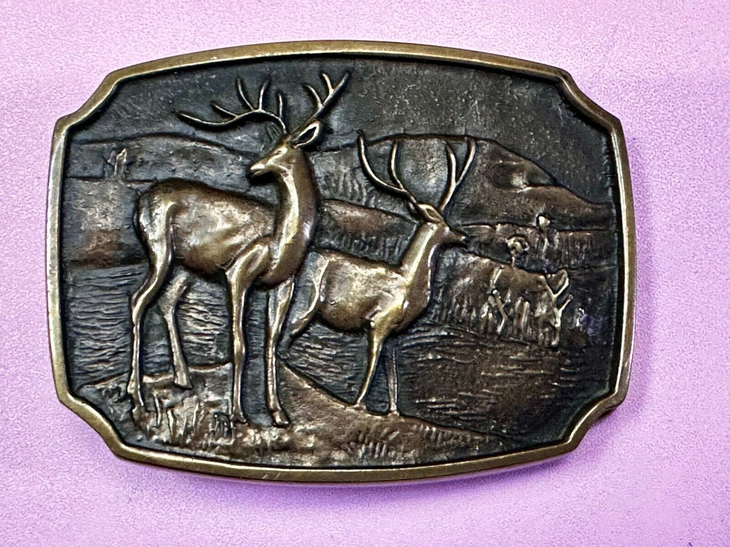 Vintage 1978 BTS Solid Brass Belt Buckle Deer Buck Running Wilderness Made USA