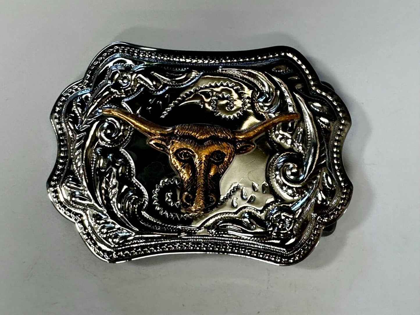 Texas Longhorn Rodeo Steer Bull Vintage Two Tone Western Cowboy's Belt Buckle