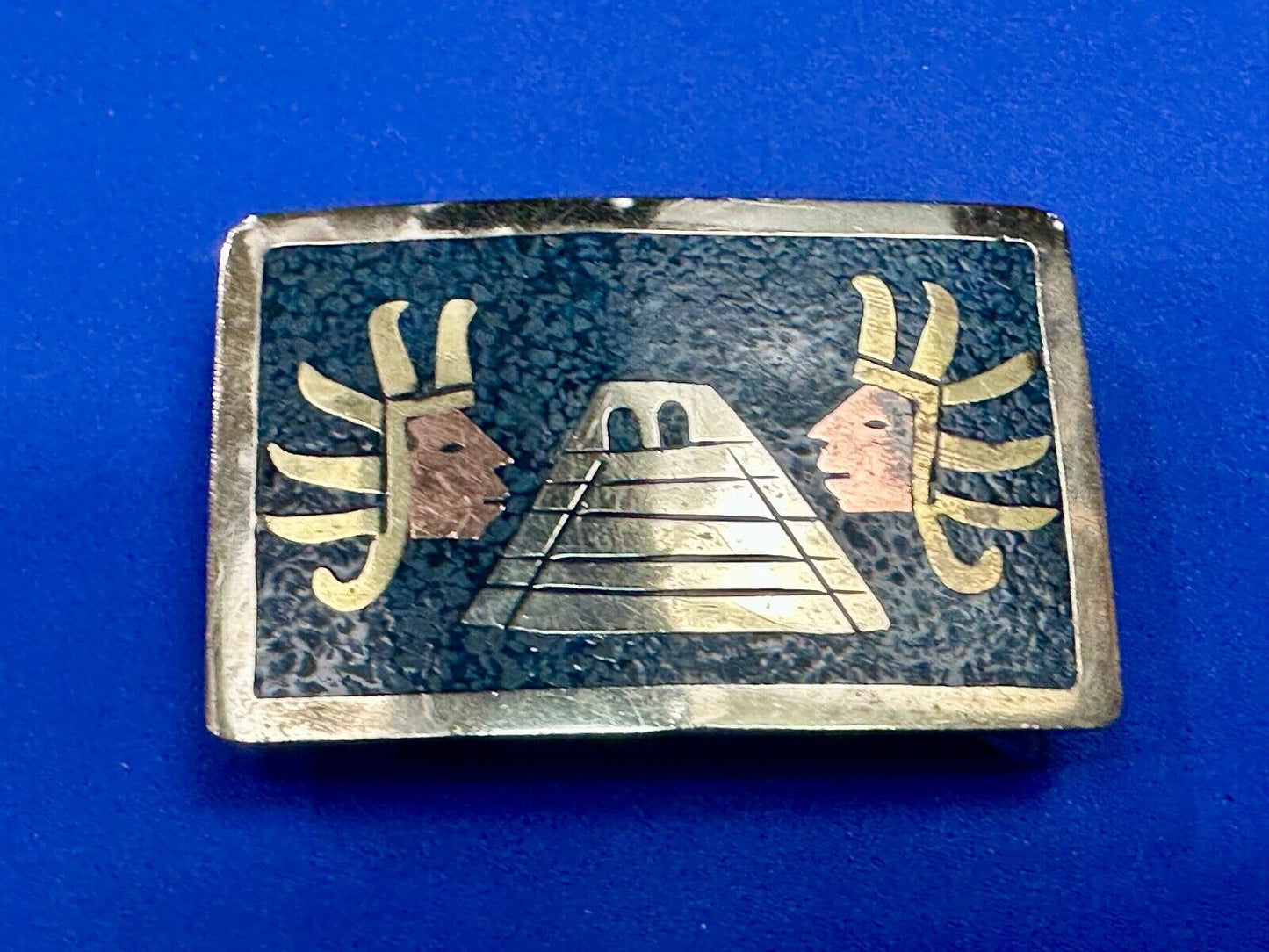 Aztec Mayan Temple Pyramid Figures Vintage Inlay belt buckle made in Mexico
