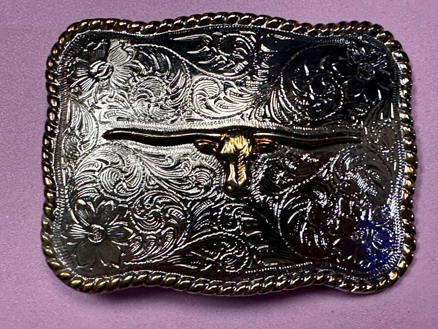 Texas Longhorn Vintage Western Flower Swirl Design Belt Buckle With Rope Boarder