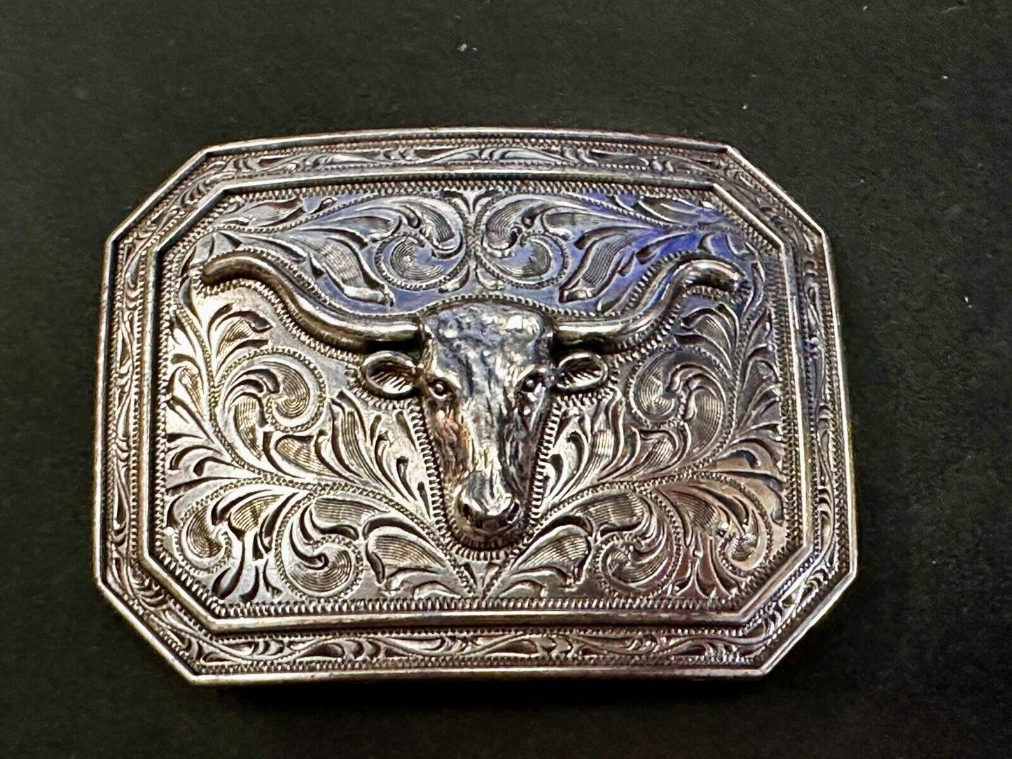Texas Longhorn Cow Head Steer Ornate Silver Color Western Cowboy Belt Buckle