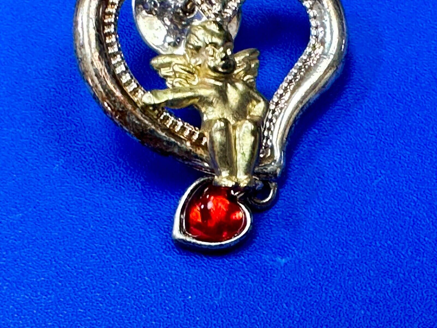 Angle Sitting in Heart Shaped Brooch pin with red heart dangle charm