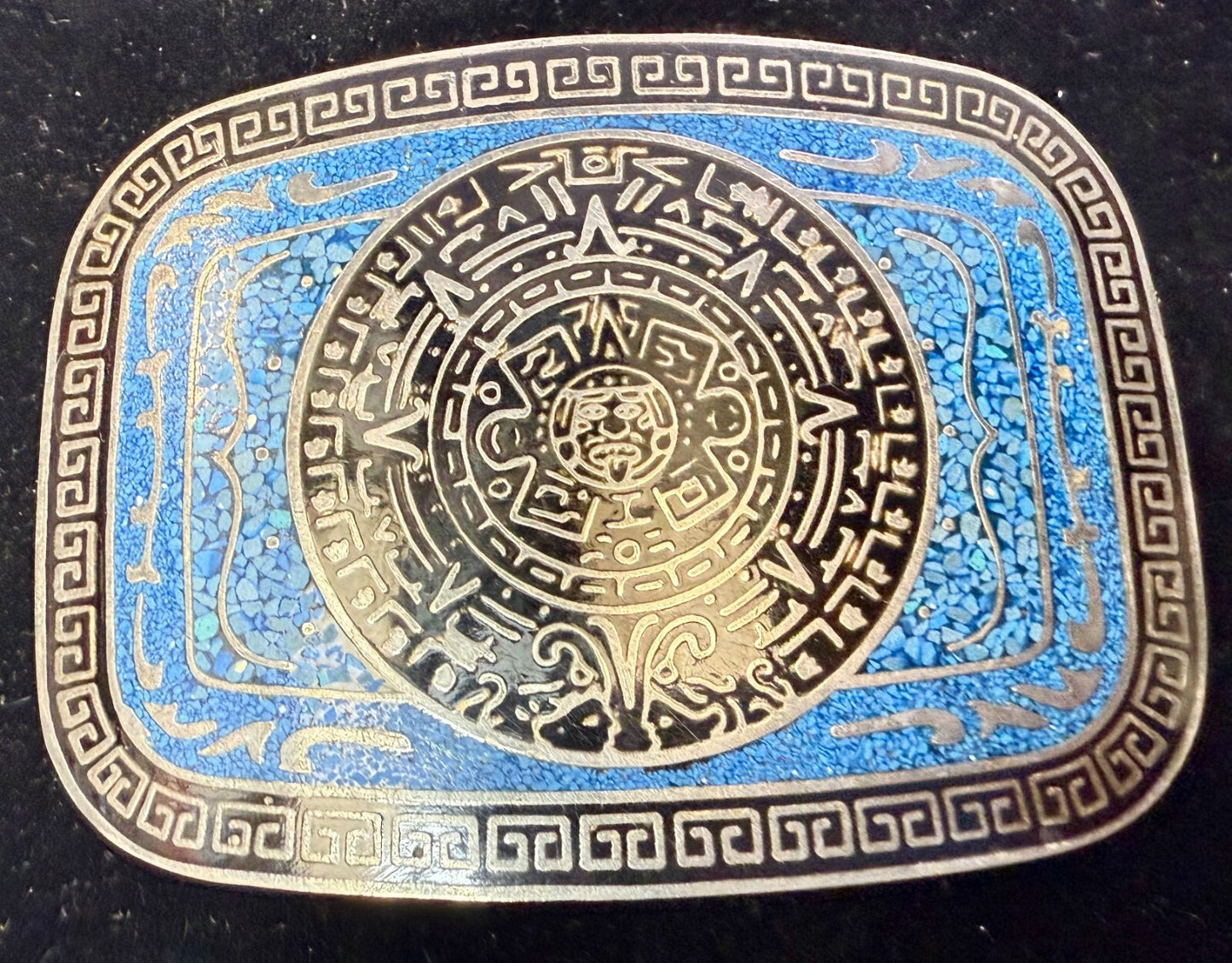 Aztec Mayan Calendar Turquoise Chip Inlay Tribal Art Belt Buckle Mexico Made