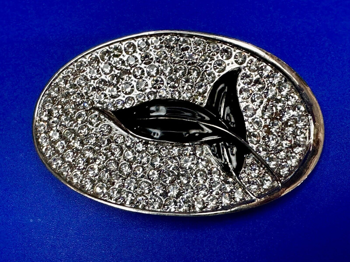 Black Leaf Design Silver Tone Clear Rhinestone Covered Oval Designer Belt Buckle