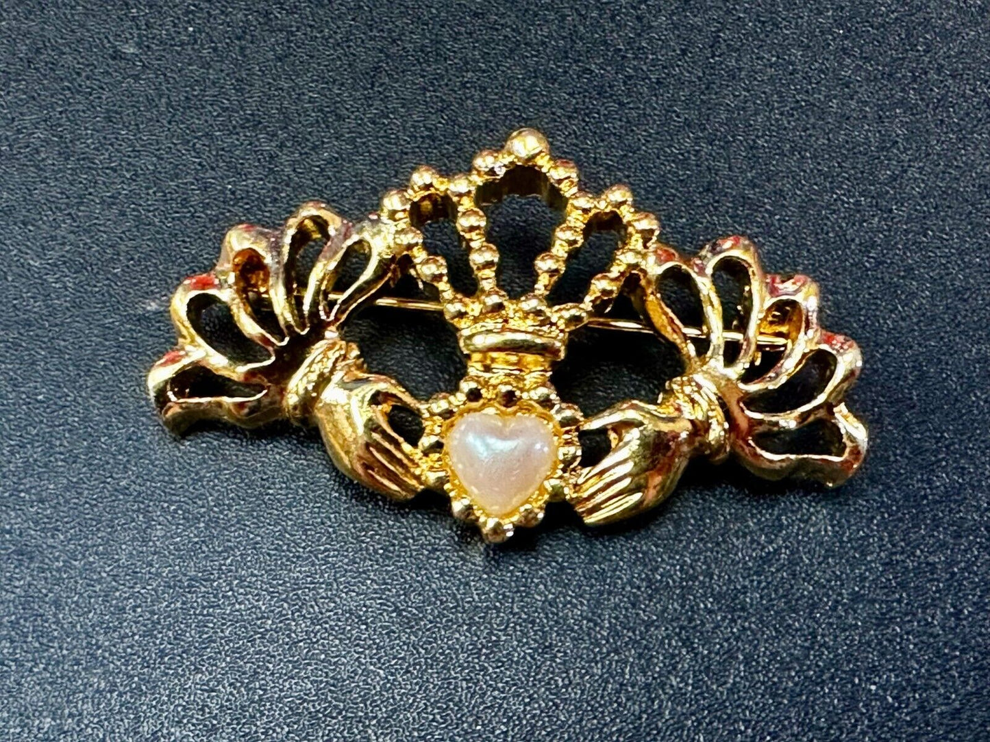 Vintage Avon Gold Tone Claddagh Faux Pearl Heart Hands Crown Pin Brooch
