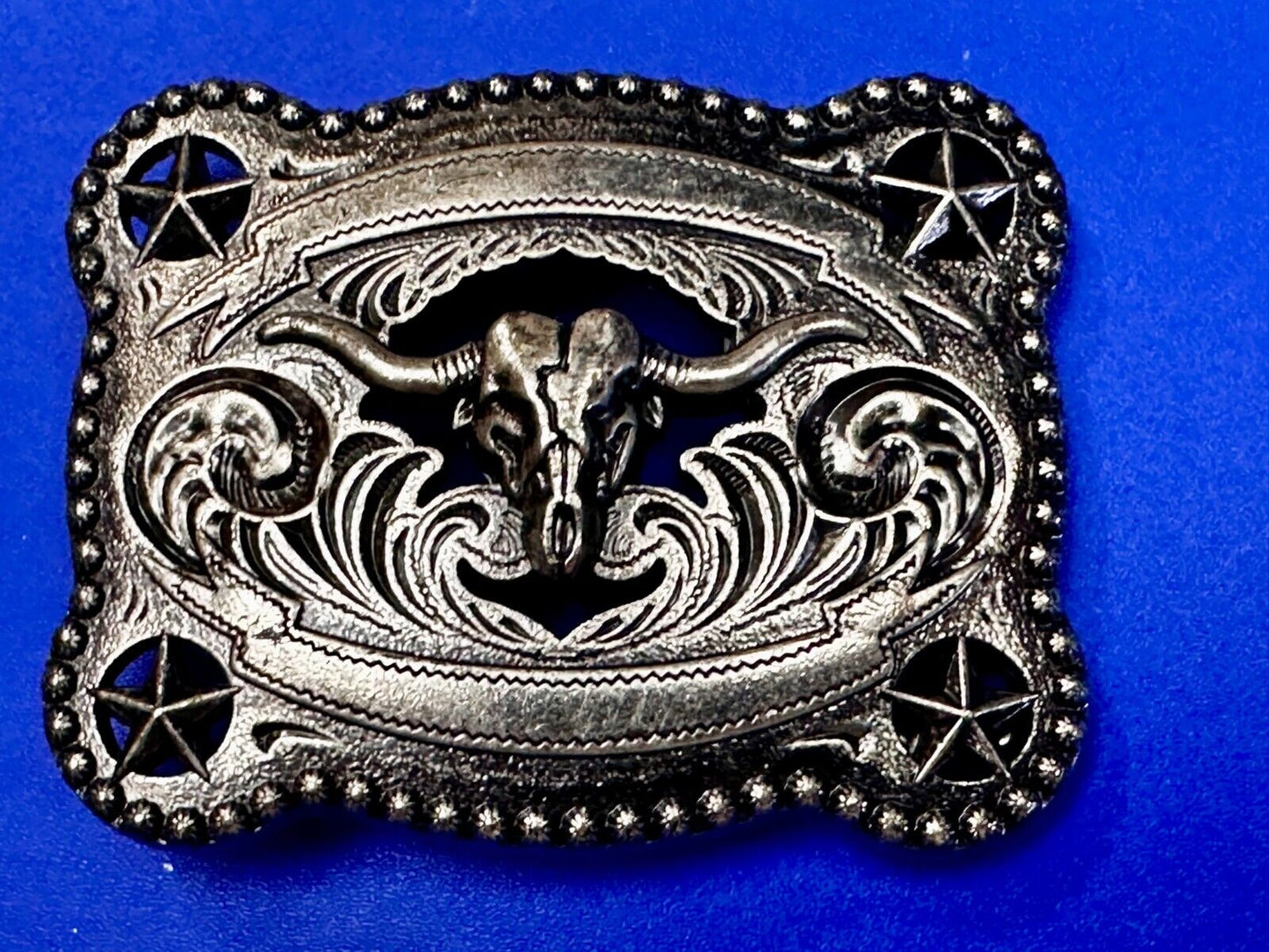 Texas Longhorn Steer / Corner Stars - Engravable Blank Award Scroll Belt Buckle