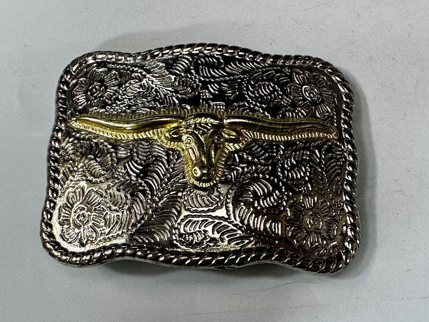 Texas Longhorn Rodeo Steer Bull Head Vintage Two Tone Small Cowgirls Belt Buckle