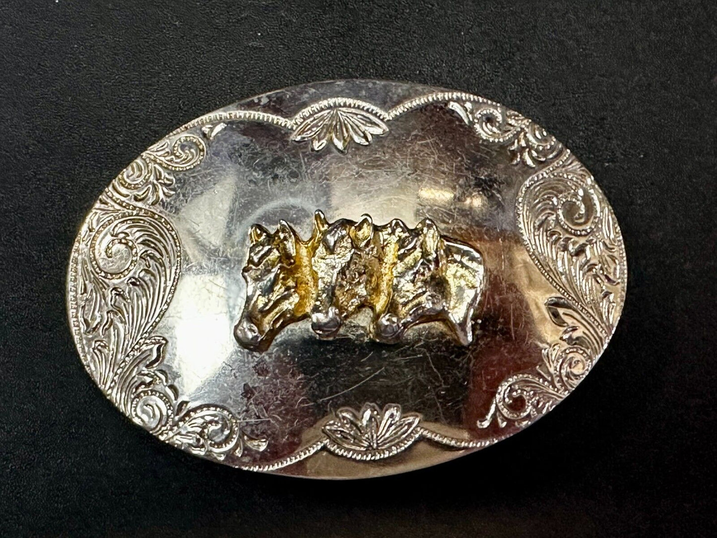 Three Horse Heads - Vintage Western Ornate Reflective Oval Two Tone Belt Buckle