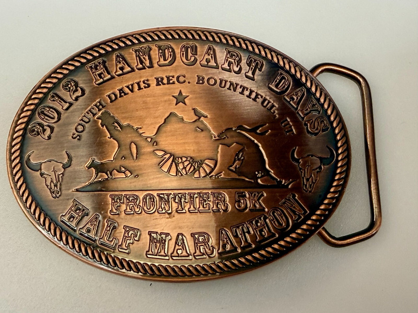 2012 Handcart Days Frontier 5K Half Marathon South Davis Utah Belt Buckle