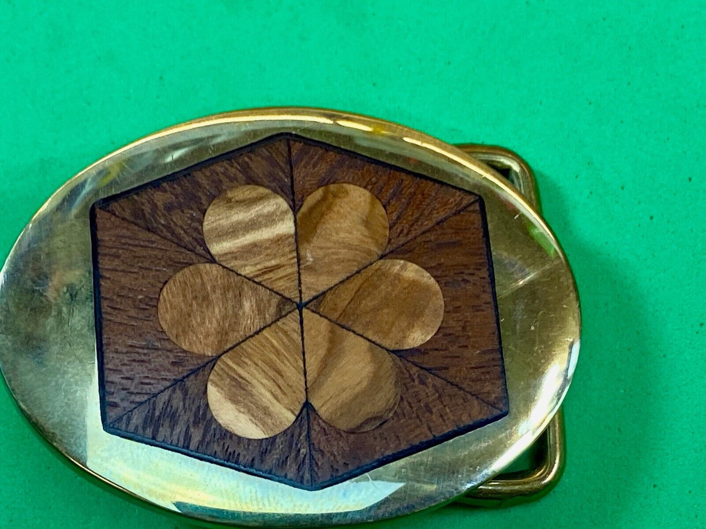 Vintage Brass With Wood Inlaid Mixed Flower Design Belt Buckle