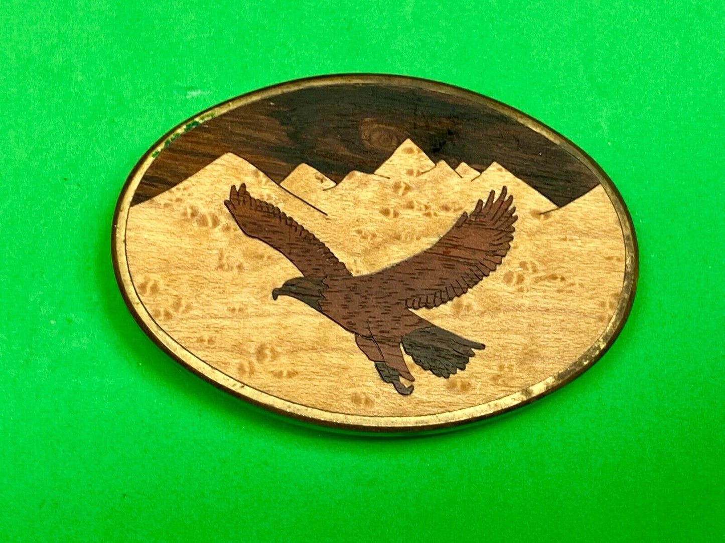 Vintage 1983 The great American Eagle mixed wood on solid brass BTS belt buckle