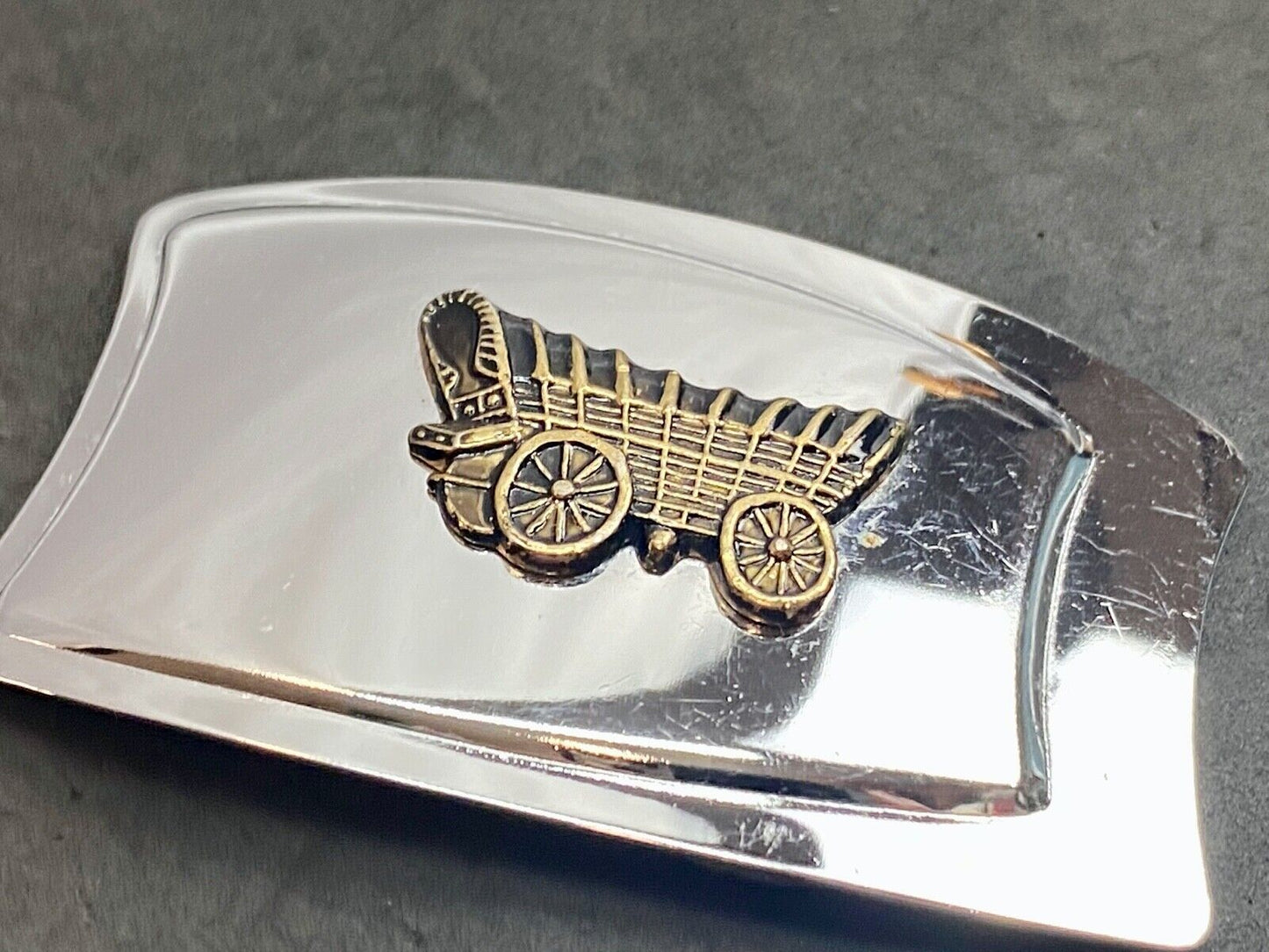 Vintage Covered Wagon Train Style Mirrored Belt Buckle Western Cowboy