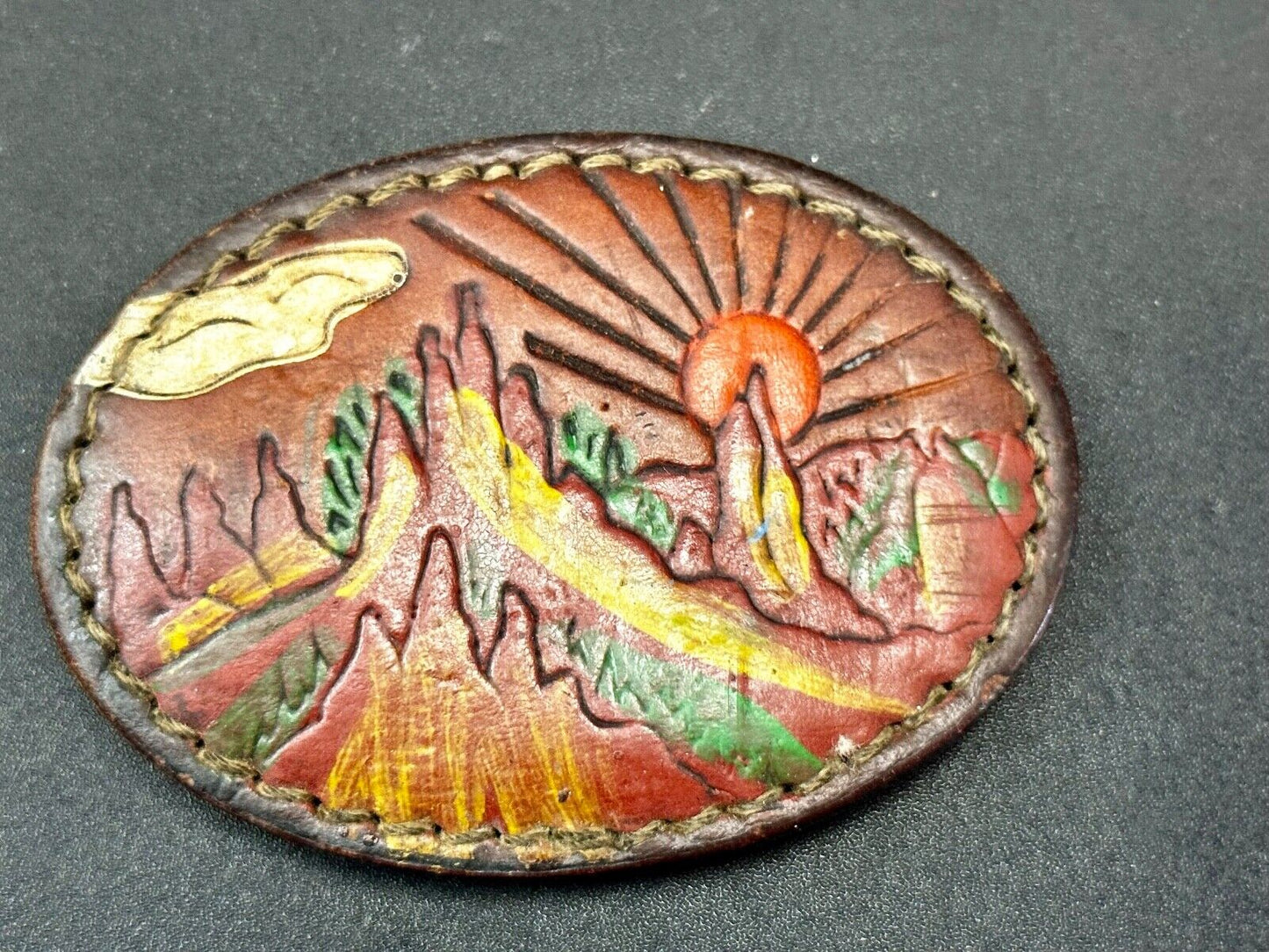 Beautiful Nature Scenery on Vintage Brown Leather Oval Belt Buckle